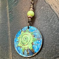 Celtic Sun Spiral Necklace, Copper Patina Pendant, Connemara Marble Bead, Irish Celtic Spirals, Colorful Sun, Pagan Celtic Witch, Handmade