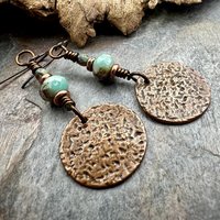 Copper Disc Earrings, Czech Glass Beads, Hypoallergenic Ear Wires, Earthy Tribal, Boho Chic Style, Dangle Discs, Soul Harbor Jewelry
