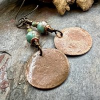 Copper Disc Earrings, Czech Glass Beads, Hypoallergenic Ear Wires, Earthy Tribal, Boho Chic Style, Dangle Discs, Soul Harbor Jewelry