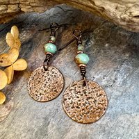 Copper Disc Earrings, Czech Glass Beads, Hypoallergenic Ear Wires, Earthy Tribal, Boho Chic Style, Dangle Discs, Soul Harbor Jewelry