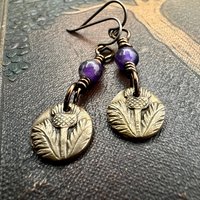 Scottish Thistle Earrings, Outlander Jewelry, Bronze Anniversary, Gifts for Her, Scotland Gifts, Amethyst Beaded Earrings