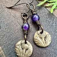 Scottish Thistle Earrings, Outlander Jewelry, Bronze Anniversary, Gifts for Her, Scotland Gifts, Amethyst Beaded Earrings