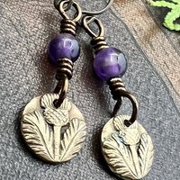 Scottish Thistle Earrings, Outlander Jewelry, Bronze Anniversary, Gifts for Her, Scotland Gifts, Amethyst Beaded Earrings