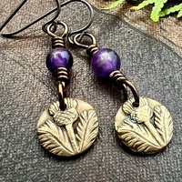 Scottish Thistle Earrings, Outlander Jewelry, Bronze Anniversary, Gifts for Her, Scotland Gifts, Amethyst Beaded Earrings