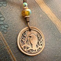 Copper Raven, Wax Seal Charm, Irish Celtic, Czech Glass, Leather & Vegan Cords, Crow Corvid, Handmade Art Jewelry, Celtic Witch, Messengers