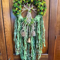 Tree of Life Witch Bells, 9 Inch Mossy Wreath, Spring Ostara Decor, Housewarming Gifts, Spirit Altar Bells, Earthy Pagan, MADE TO ORDER