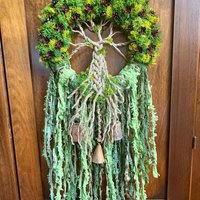 Tree of Life Witch Bells, 9 Inch Mossy Wreath, Spring Ostara Decor, Housewarming Gifts, Spirit Altar Bells, Earthy Pagan, MADE TO ORDER