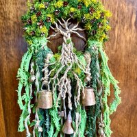 Tree of Life Witch Bells, Home & Door Protection, Doorknob, 5 Inch Mossy Wreath, Housewarming Gifts, Spirit Altar Bells, Recycled Ribbons