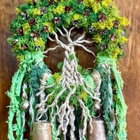 Tree of Life Witch Bells, Home & Door Protection, Doorknob, 5 Inch Mossy Wreath, Housewarming Gifts, Spirit Altar Bells, Recycled Ribbons
