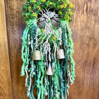 Tree of Life Witch Bells, Home & Door Protection, Doorknob, 5 Inch Mossy Wreath, Housewarming Gifts, Spirit Altar Bells, Recycled Ribbons