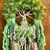 Tree of Life Witch Bells, Home & Door Protection, Doorknob, 5 Inch Mossy Wreath, Housewarming Gifts, Spirit Altar Bells, Recycled Ribbons