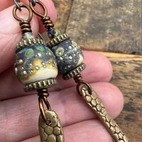 Bronze Dagger Earrings, Lampwork Raku Beads, Coral Textures, Hypoallergenic Ear Wires, Rustic Earthy, Art Jewelry, Long Skinny Earrings