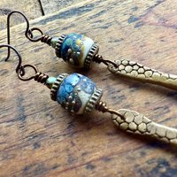 Bronze Dagger Earrings, Lampwork Raku Beads, Coral Textures, Hypoallergenic Ear Wires, Rustic Earthy, Art Jewelry, Long Skinny Earrings