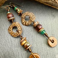 Long Dangle Copper Earrings, Stacked Cairns, Copper Washers, Czech Glass Beads, Hypoallergenic Ear Wires, Earthy, Arty Mismatched Earrings