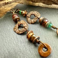 Long Dangle Copper Earrings, Stacked Cairns, Copper Washers, Czech Glass Beads, Hypoallergenic Ear Wires, Earthy, Arty Mismatched Earrings