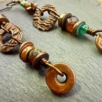 Long Dangle Copper Earrings, Stacked Cairns, Copper Washers, Czech Glass Beads, Hypoallergenic Ear Wires, Earthy, Arty Mismatched Earrings
