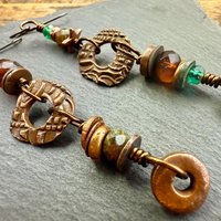 Long Dangle Copper Earrings, Stacked Cairns, Copper Washers, Czech Glass Beads, Hypoallergenic Ear Wires, Earthy, Arty Mismatched Earrings