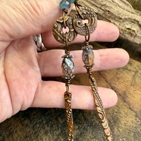 Copper Dangle Drop Earrings, Long Statement Earrings, Czech Glass Beads, Copper and Blue, Hypoallergenic Niobium Ear Wires, Earthy Primitive