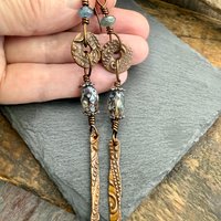 Copper Dangle Drop Earrings, Long Statement Earrings, Czech Glass Beads, Copper and Blue, Hypoallergenic Niobium Ear Wires, Earthy Primitive