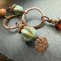 Copper Hoop Dangles, Long Earthy Earrings, Stacked Spacers, Czech Glass Beads, Hypoallergenic Ear Wires, Arty Mismatched Earrings, Handmade