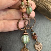 Copper Hoop Dangles, Long Earthy Earrings, Stacked Spacers, Czech Glass Beads, Hypoallergenic Ear Wires, Arty Mismatched Earrings, Handmade