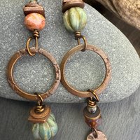 Copper Hoop Dangles, Long Earthy Earrings, Stacked Spacers, Czech Glass Beads, Hypoallergenic Ear Wires, Arty Mismatched Earrings, Handmade