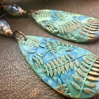 Bronze Fern Earrings, Verdigris Patina, Teardrop Dangle, Czech Glass Beads, Boho Hippie Style, Shield Earrings, Earth Witch, Art Earthy