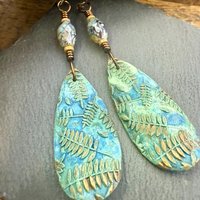 Bronze Fern Earrings, Verdigris Patina, Teardrop Dangle, Czech Glass Beads, Boho Hippie Style, Shield Earrings, Earth Witch, Art Earthy