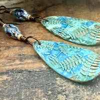 Bronze Fern Earrings, Verdigris Patina, Teardrop Dangle, Czech Glass Beads, Boho Hippie Style, Shield Earrings, Earth Witch, Art Earthy