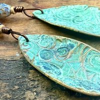 Bronze Fern Earrings, Verdigris Patina, Teardrop Dangle, Czech Glass Beads, Boho Hippie Style, Shield Earrings, Earth Witch, Art Earthy