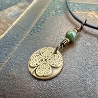 Four Leaf Clover, Bronze Necklace, Wax Seal Charm, Connemara Marble, Irish Celtic Jewelry, Lucky Charm, Celtic Witch, Irish Shamrock Luck