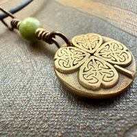 Four Leaf Clover Heart, Bronze Wax Seal Charm, Connemara Marble, Irish Celtic Jewelry, 4 Leaf Clover, Lucky Love Charm, Leather & Vegan Cord