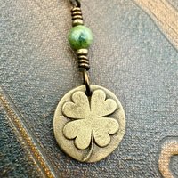 Four Leaf Clover, Bronze Necklace, Wax Seal Charm, Connemara Marble, Irish Celtic Jewelry, Lucky Charm, Celtic Witch, Irish Shamrock Luck