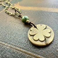 Four Leaf Clover, Bronze Necklace, Wax Seal Charm, Connemara Marble, Irish Celtic Jewelry, Lucky Charm, Celtic Witch, Irish Shamrock Luck