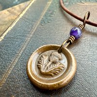Thistle of Scotland, Copper Wax Seal Charm, Purple Amethyst, Leather & Vegan Cord, Highlander, Outlander, Scottish Gifts, Botanical Jewelry