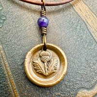 Thistle of Scotland, Copper Wax Seal Charm, Purple Amethyst, Leather & Vegan Cord, Highlander, Outlander, Scottish Gifts, Botanical Jewelry