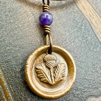 Thistle of Scotland, Copper Wax Seal Charm, Purple Amethyst, Leather & Vegan Cord, Highlander, Outlander, Scottish Gifts, Botanical Jewelry