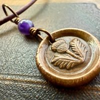 Thistle of Scotland, Copper Wax Seal Charm, Purple Amethyst, Leather & Vegan Cord, Highlander, Outlander, Scottish Gifts, Botanical Jewelry