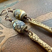 Bronze Dagger Earrings, Lampwork Raku Beads, Coral Textures, Hypoallergenic Ear Wires, Rustic Earthy, Art Jewelry, Long Skinny Earrings