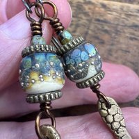 Bronze Dagger Earrings, Lampwork Raku Beads, Coral Textures, Hypoallergenic Ear Wires, Rustic Earthy, Art Jewelry, Long Skinny Earrings