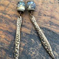 Bronze Dagger Earrings, Lampwork Raku Beads, Coral Textures, Hypoallergenic Ear Wires, Rustic Earthy, Art Jewelry, Long Skinny Earrings