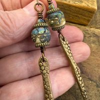 Bronze Dagger Earrings, Lampwork Raku Beads, Coral Textures, Hypoallergenic Ear Wires, Rustic Earthy, Art Jewelry, Long Skinny Earrings