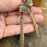Bronze Dagger Earrings, Lampwork Raku Beads, Coral Textures, Hypoallergenic Ear Wires, Rustic Earthy, Art Jewelry, Long Skinny Earrings