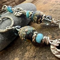 Hoop Sterling Silver Earrings, Raku Lampwork Beads, Hypoallergenic Ear Wires, Long Statement Earrings, Earthy Rustic, Mismatched Earrings