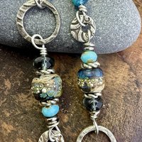 Hoop Sterling Silver Earrings, Raku Lampwork Beads, Hypoallergenic Ear Wires, Long Statement Earrings, Earthy Rustic, Mismatched Earrings
