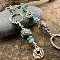 Hoop Sterling Silver Earrings, Raku Lampwork Beads, Hypoallergenic Ear Wires, Long Statement Earrings, Earthy Rustic, Mismatched Earrings