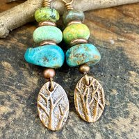 Copper Tree Branch Drop Earrings, Stacked Turquoise Beads, Cairn Stones, Summer Boho Style, Light Everyday, Hypoallergenic Ear Wires, Witchy