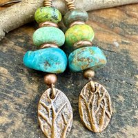 Copper Tree Branch Drop Earrings, Stacked Turquoise Beads, Cairn Stones, Summer Boho Style, Light Everyday, Hypoallergenic Ear Wires, Witchy