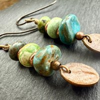 Copper Tree Branch Drop Earrings, Stacked Turquoise Beads, Cairn Stones, Summer Boho Style, Light Everyday, Hypoallergenic Ear Wires, Witchy