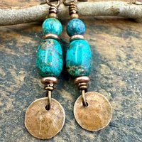 Copper Disc Drop Earrings, Turquoise Beads, Light Everyday, Boho Summer Style, Hypoallergenic Ear Wires, Earthy Rustic Jewelry, Handmade